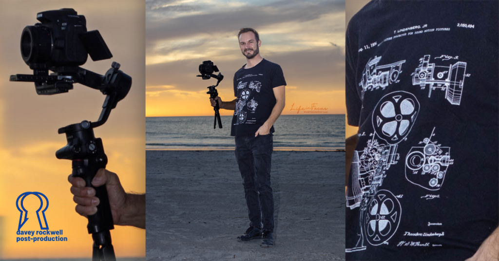 davey rockwell holding gimble with camera standing on beach at sunset